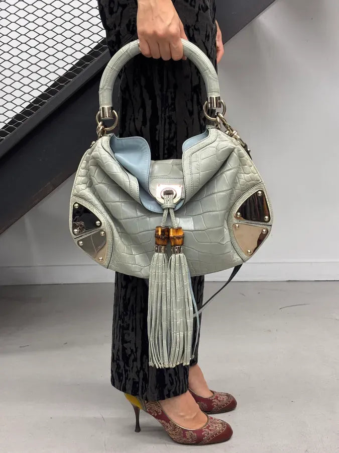 2000s Gucci Crocodile Indy Baby Blue Grey Bamboo Frange Bag by Frida Giannini dPvKTyG 1