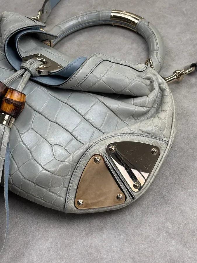2000s Gucci Crocodile Indy Baby Blue Grey Bamboo Frange Bag by Frida Giannini dPvKTyG 10