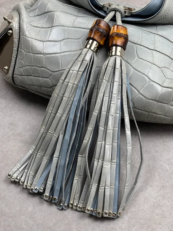 2000s Gucci Crocodile Indy Baby Blue Grey Bamboo Frange Bag by Frida Giannini dPvKTyG 11