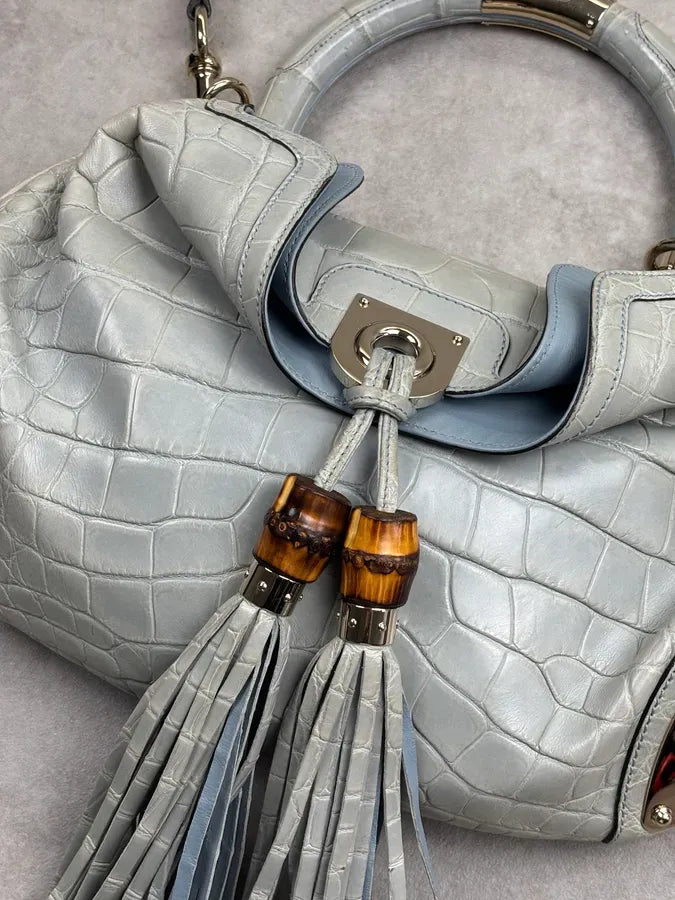 2000s Gucci Crocodile Indy Baby Blue Grey Bamboo Frange Bag by Frida Giannini dPvKTyG 12