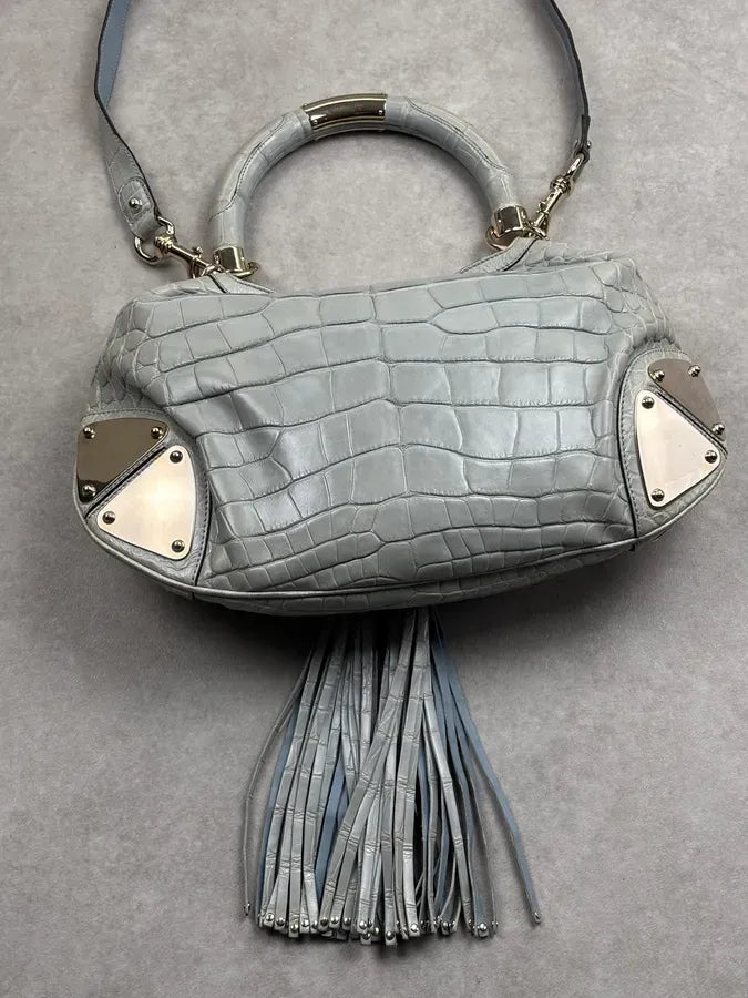 2000s Gucci Crocodile Indy Baby Blue Grey Bamboo Frange Bag by Frida Giannini dPvKTyG 15