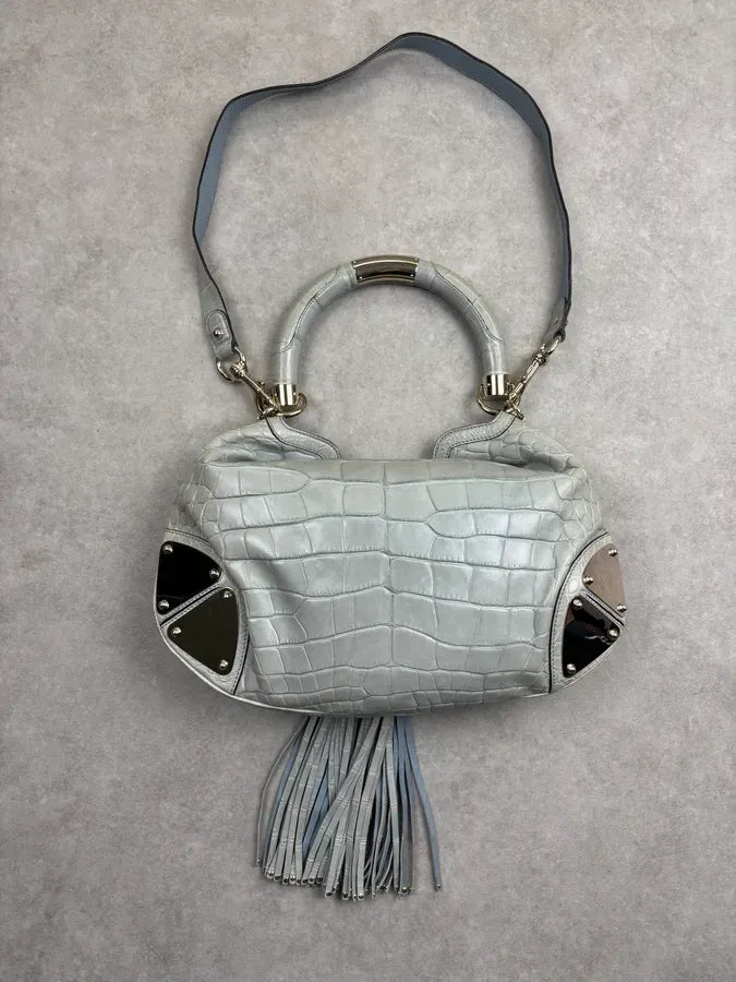 2000s Gucci Crocodile Indy Baby Blue Grey Bamboo Frange Bag by Frida Giannini dPvKTyG 16