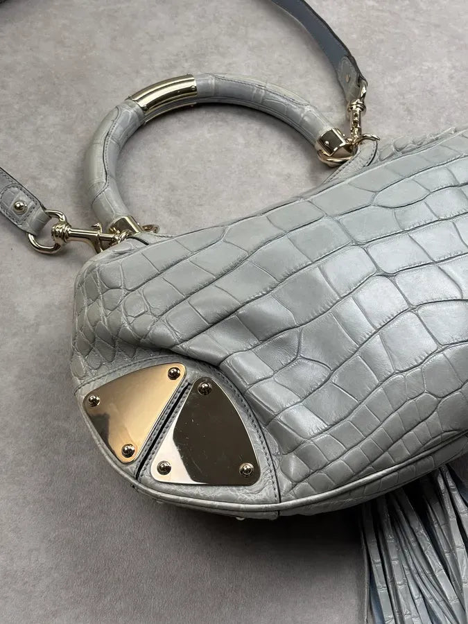 2000s Gucci Crocodile Indy Baby Blue Grey Bamboo Frange Bag by Frida Giannini dPvKTyG 17