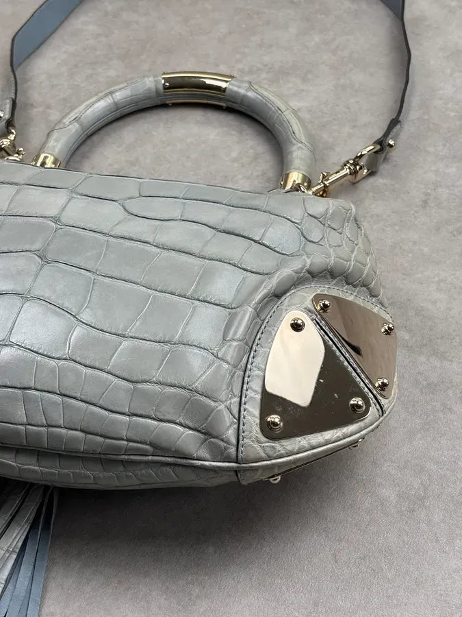 2000s Gucci Crocodile Indy Baby Blue Grey Bamboo Frange Bag by Frida Giannini dPvKTyG 18