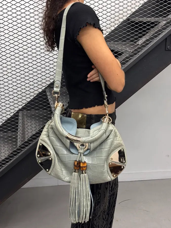 2000s Gucci Crocodile Indy Baby Blue Grey Bamboo Frange Bag by Frida Giannini dPvKTyG 2