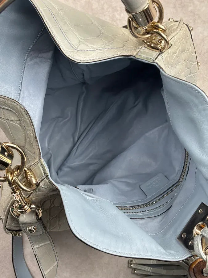 2000s Gucci Crocodile Indy Baby Blue Grey Bamboo Frange Bag by Frida Giannini dPvKTyG 20