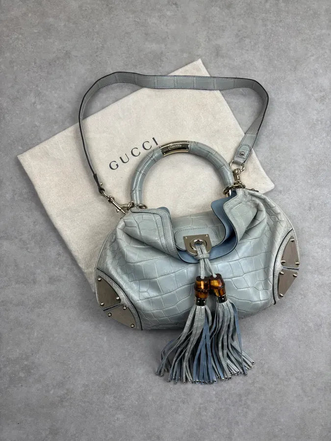 2000s Gucci Crocodile Indy Baby Blue Grey Bamboo Frange Bag by Frida Giannini dPvKTyG 3