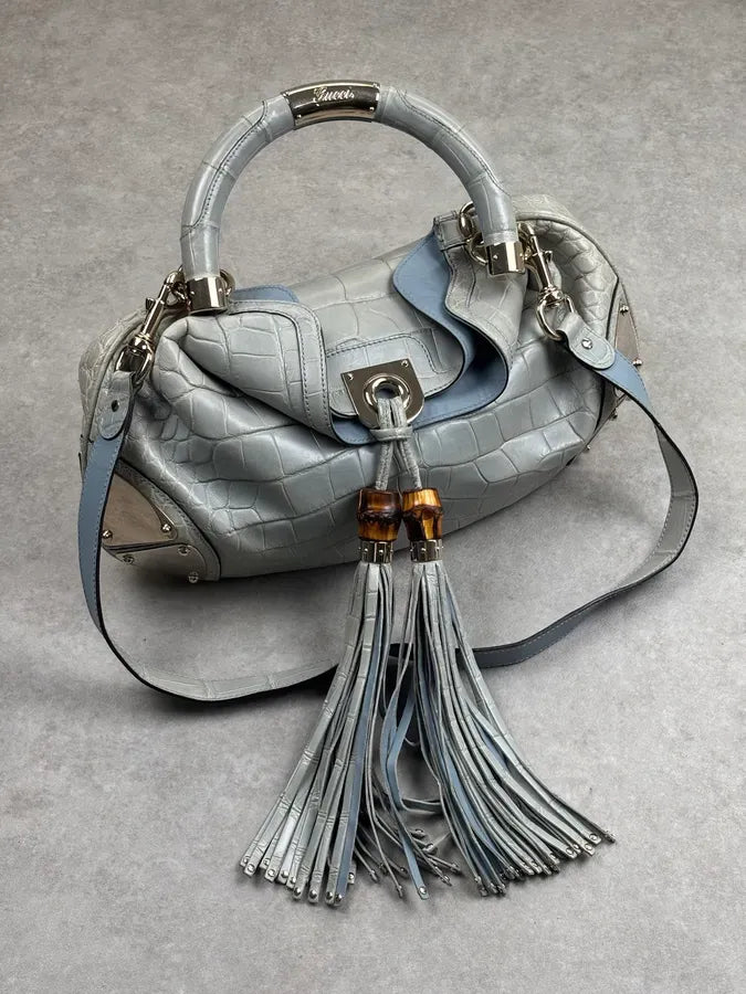 2000s Gucci Crocodile Indy Baby Blue Grey Bamboo Frange Bag by Frida Giannini dPvKTyG 4