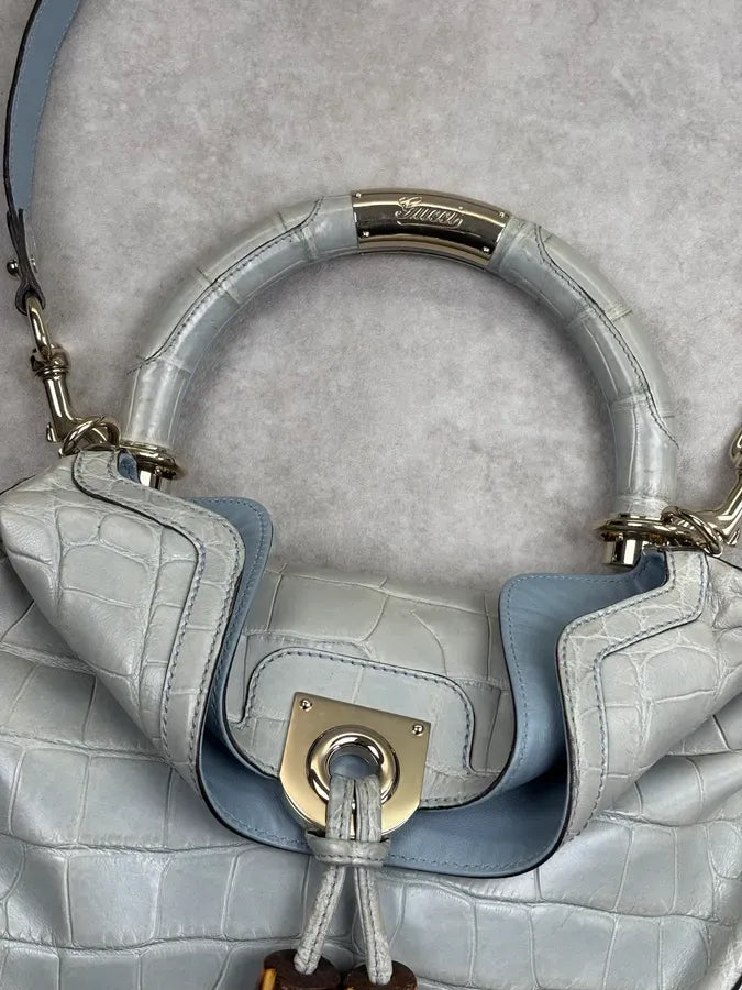 2000s Gucci Crocodile Indy Baby Blue Grey Bamboo Frange Bag by Frida Giannini dPvKTyG 5