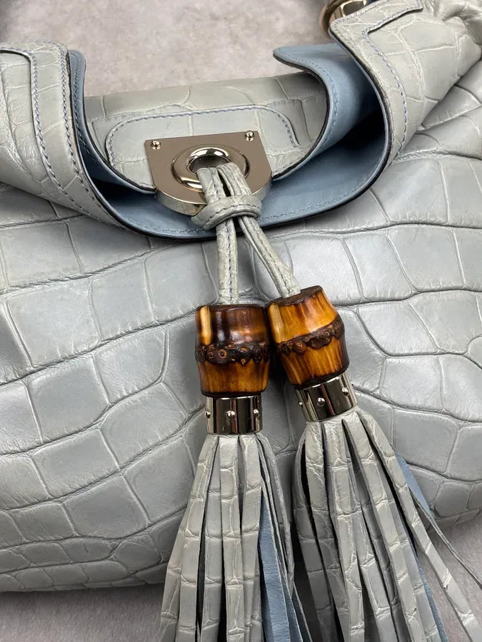 2000s Gucci Crocodile Indy Baby Blue Grey Bamboo Frange Bag by Frida Giannini dPvKTyG 7