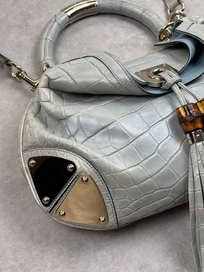 2000s Gucci Crocodile Indy Baby Blue Grey Bamboo Frange Bag by Frida Giannini dPvKTyG 9