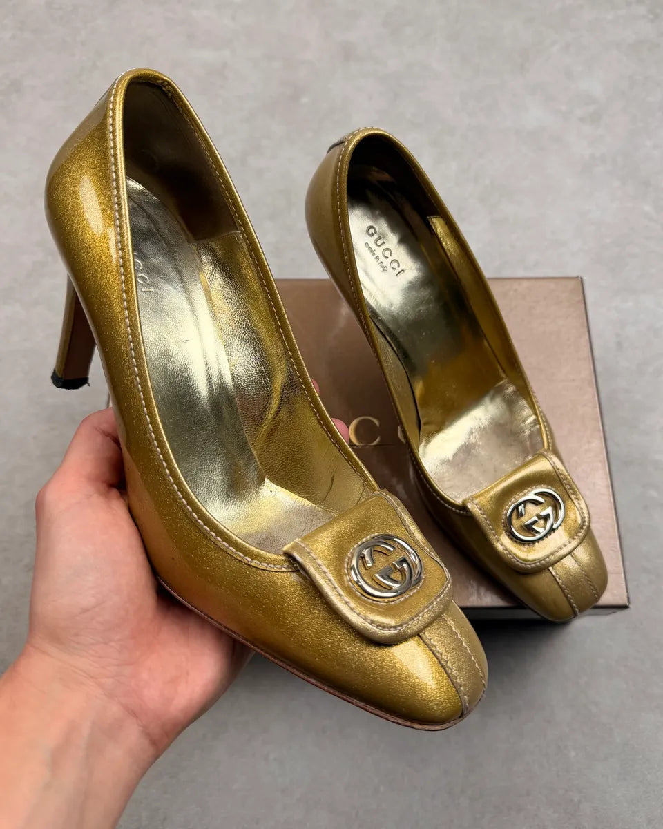 2000s Gucci Gold Patent Leather GG Logo Heels AjlZzDC 0