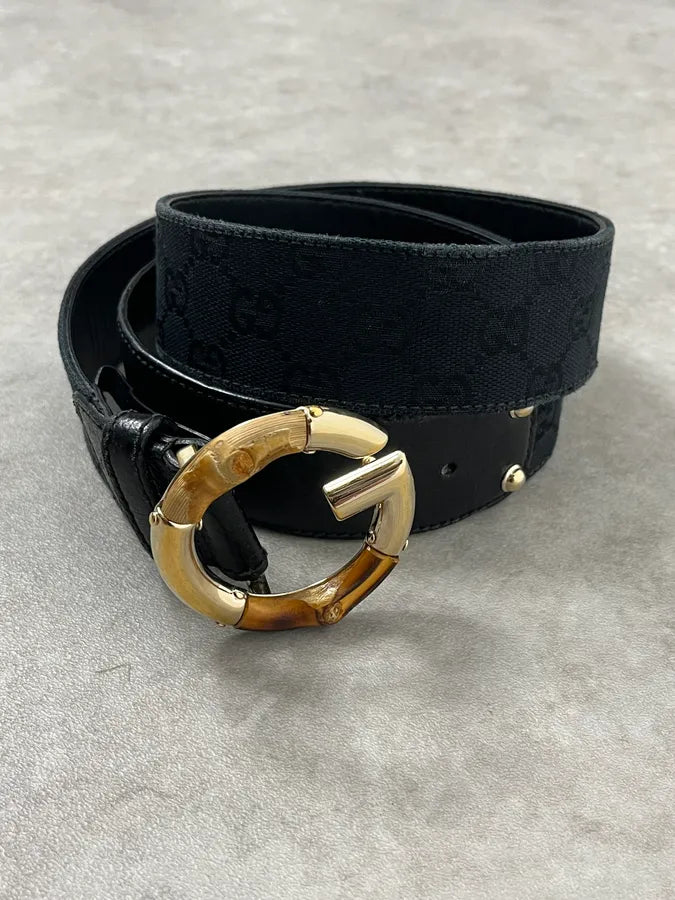 2000s Gucci Golden Bamboo Black Leather Belt VeIjqpa 1