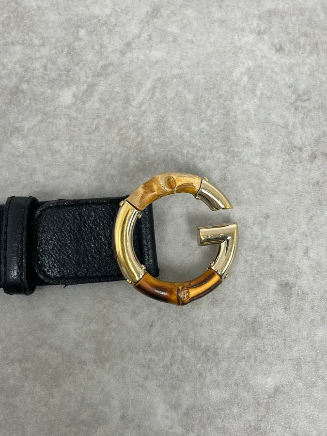 2000s Gucci Golden Bamboo Black Leather Belt VeIjqpa 5