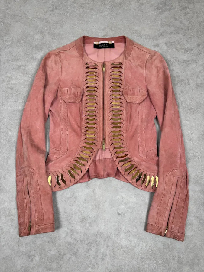 2000s Gucci Golden Circles Soft Pink Suede Leather Jacket svOGcqf 0