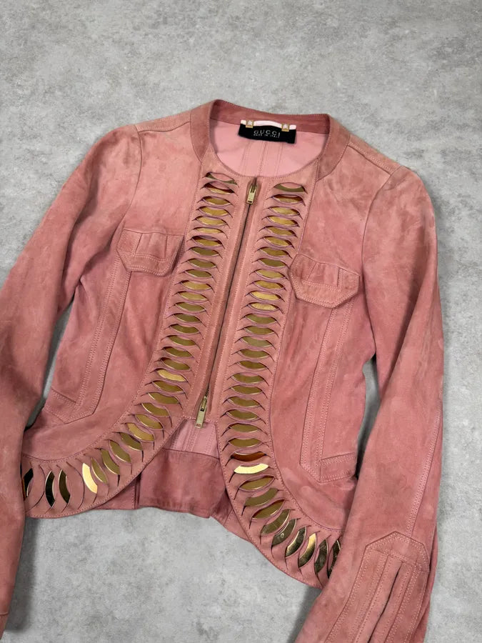 2000s Gucci Golden Circles Soft Pink Suede Leather Jacket svOGcqf 1