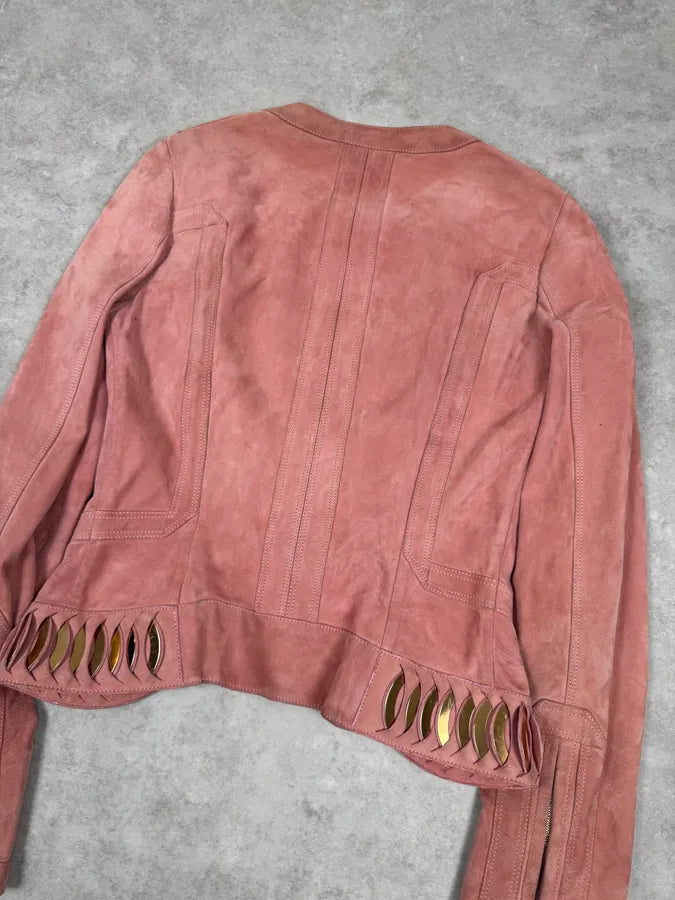 2000s Gucci Golden Circles Soft Pink Suede Leather Jacket svOGcqf 2