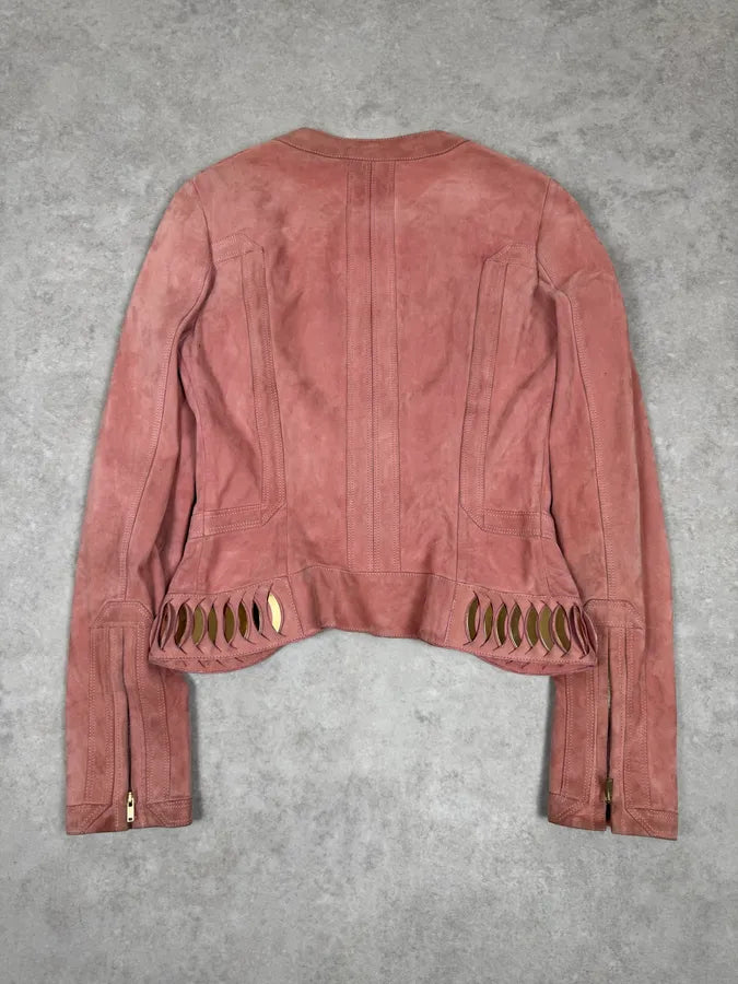 2000s Gucci Golden Circles Soft Pink Suede Leather Jacket svOGcqf 3