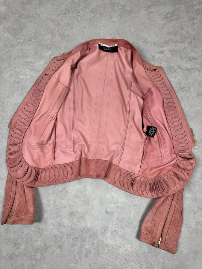 2000s Gucci Golden Circles Soft Pink Suede Leather Jacket svOGcqf 4