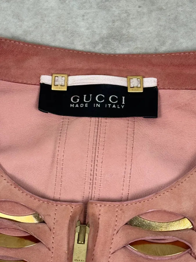 2000s Gucci Golden Circles Soft Pink Suede Leather Jacket svOGcqf 5