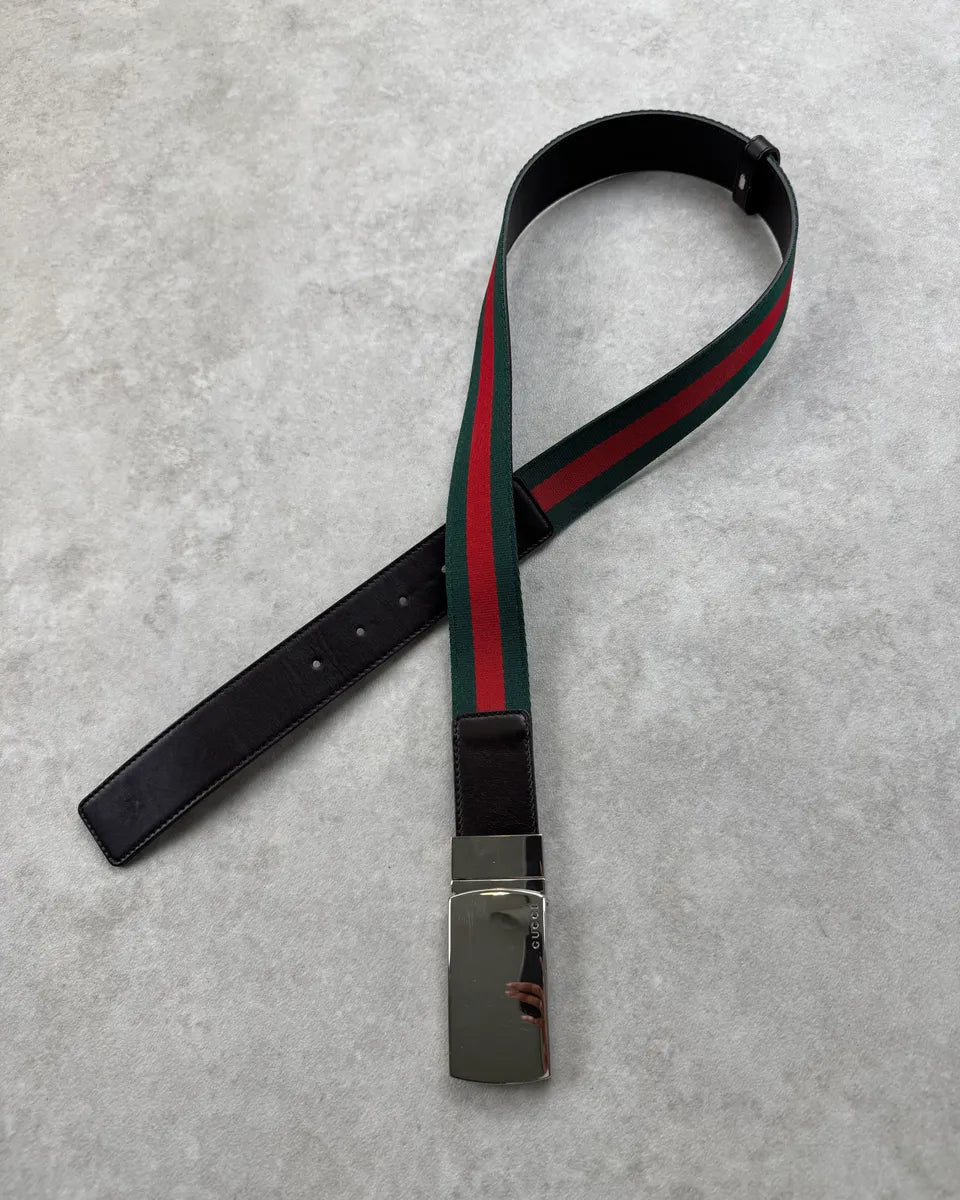 2000s Gucci Green & Red Canvas Brown Leather Belt by Tom Ford mlvgjmc 0