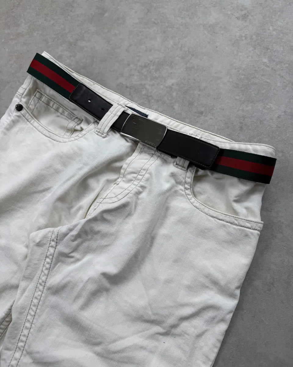 2000s Gucci Green & Red Canvas Brown Leather Belt by Tom Ford mlvgjmc 1