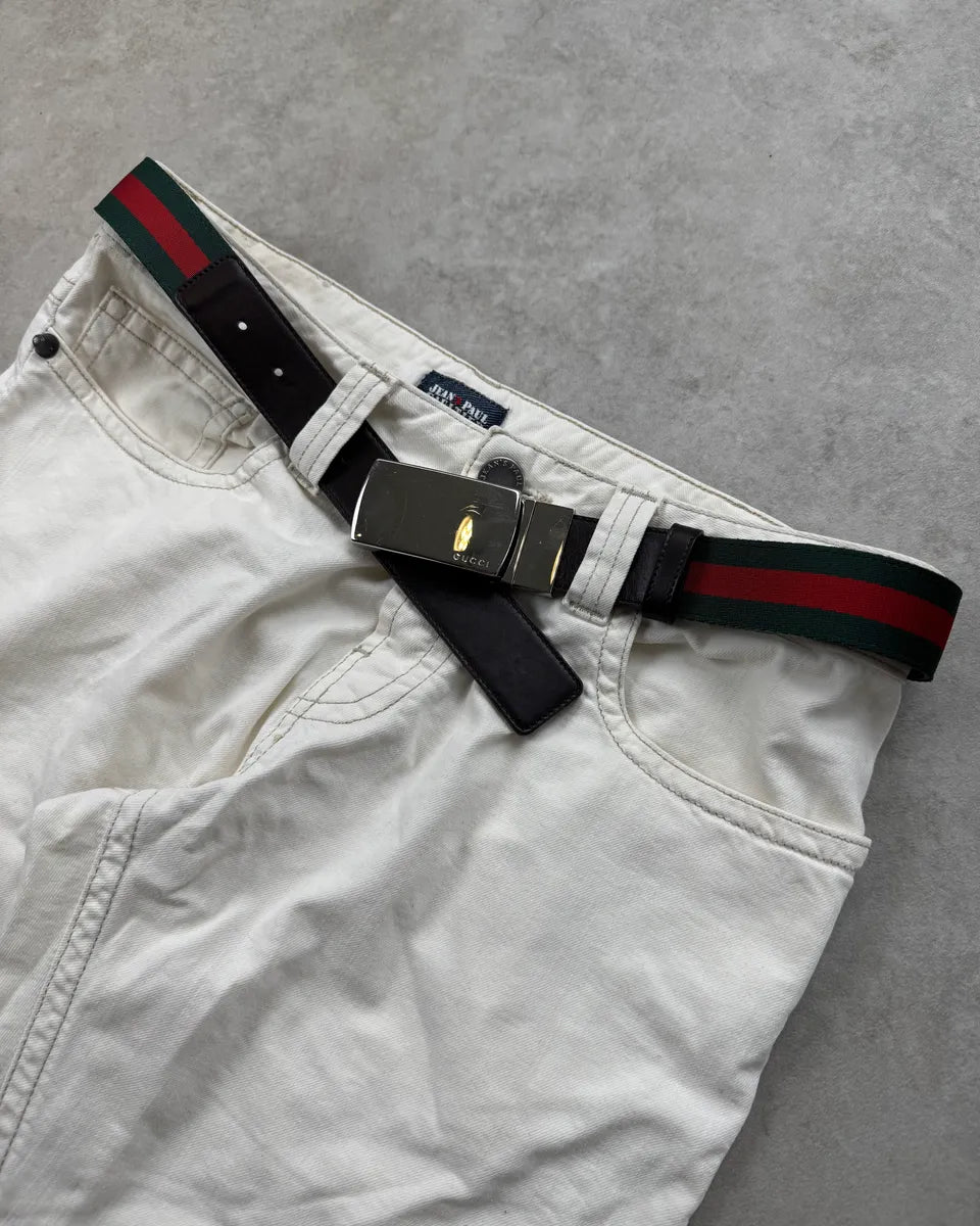 2000s Gucci Green & Red Canvas Brown Leather Belt by Tom Ford mlvgjmc 2