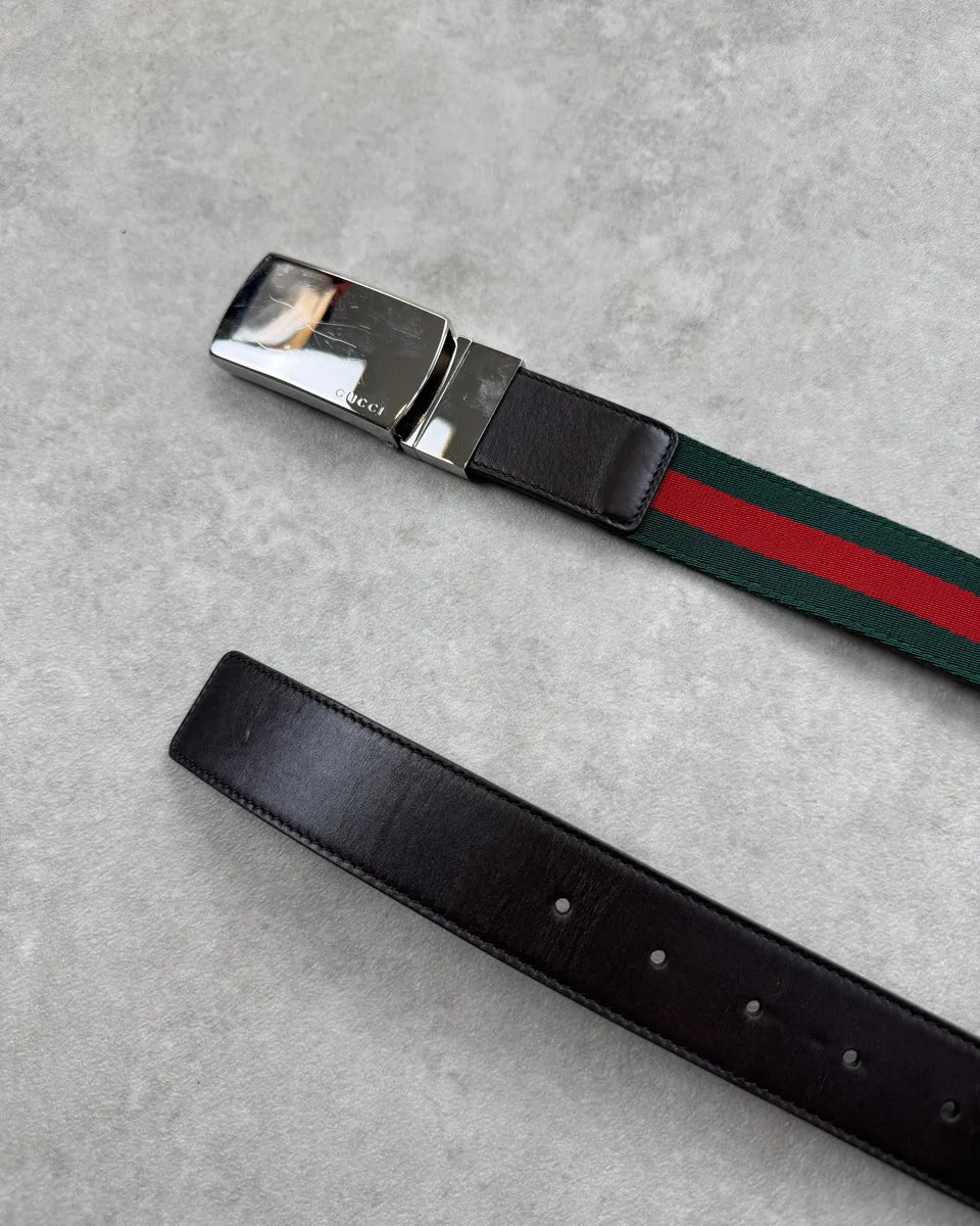 2000s Gucci Green & Red Canvas Brown Leather Belt by Tom Ford mlvgjmc 3
