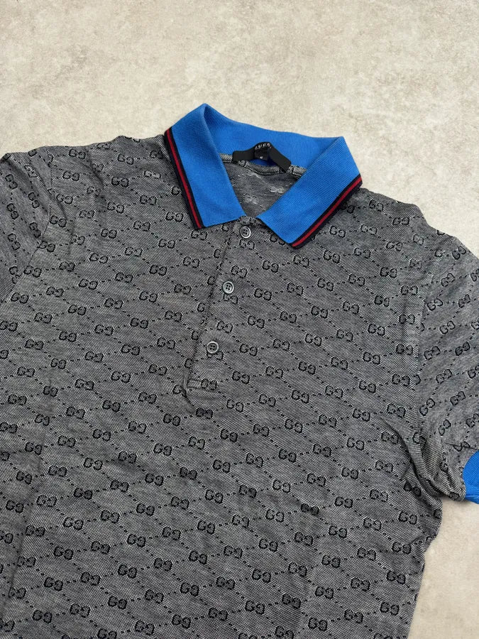 2010s Gucci Grey & Blue Collar Monogram Polo wwQpLfo 4
