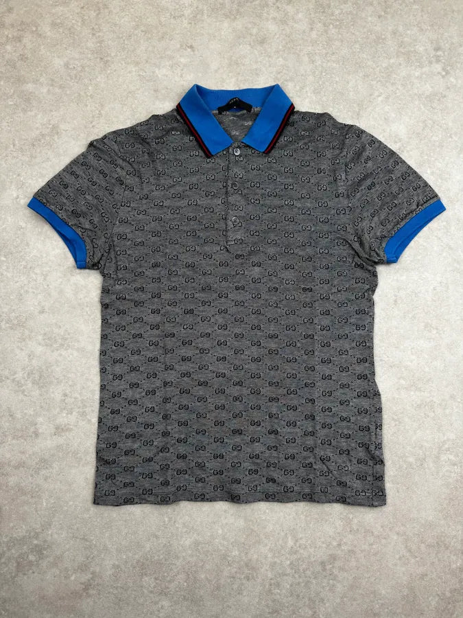 2010s Gucci Grey & Blue Collar Monogram Polo wwQpLfo 0