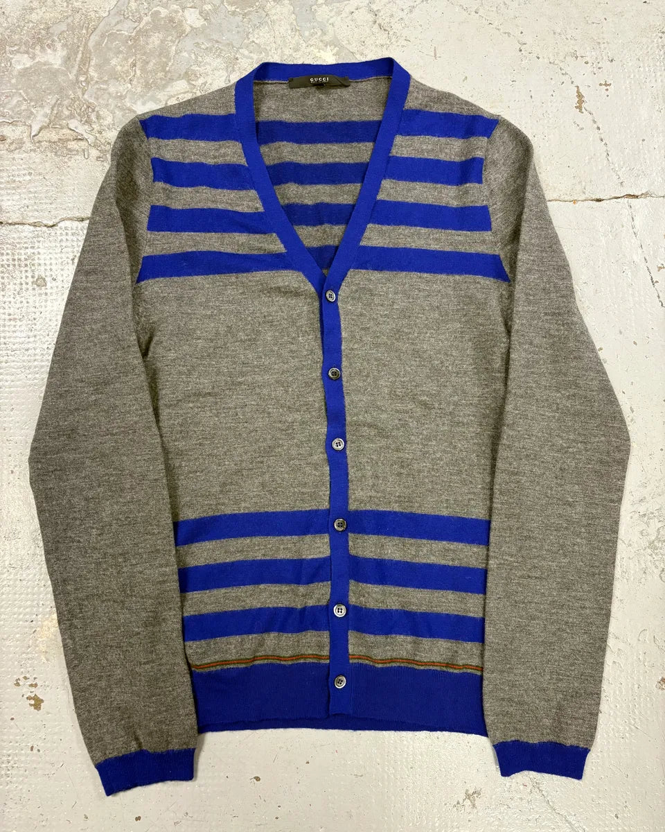 2000s Gucci Grey & Blue Striped Minimalist Cardigan bdsBabc 0