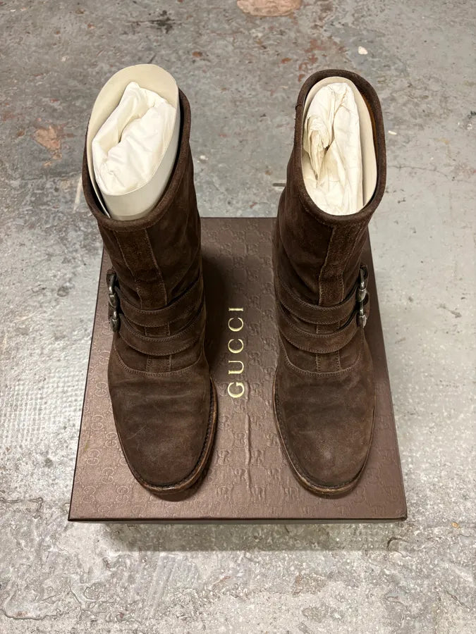 2000s Gucci Brown Biker Buckles Ankle Eroded Suede Leather Boots qoyLGrF 1