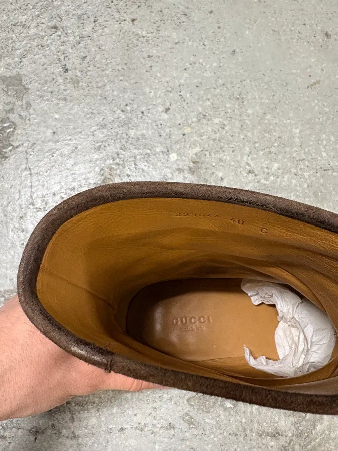 2000s Gucci Brown Biker Buckles Ankle Eroded Suede Leather Boots qoyLGrF 10