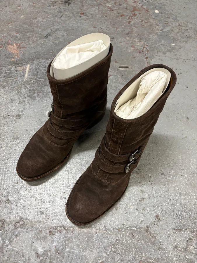 2000s Gucci Brown Biker Buckles Ankle Eroded Suede Leather Boots qoyLGrF 2