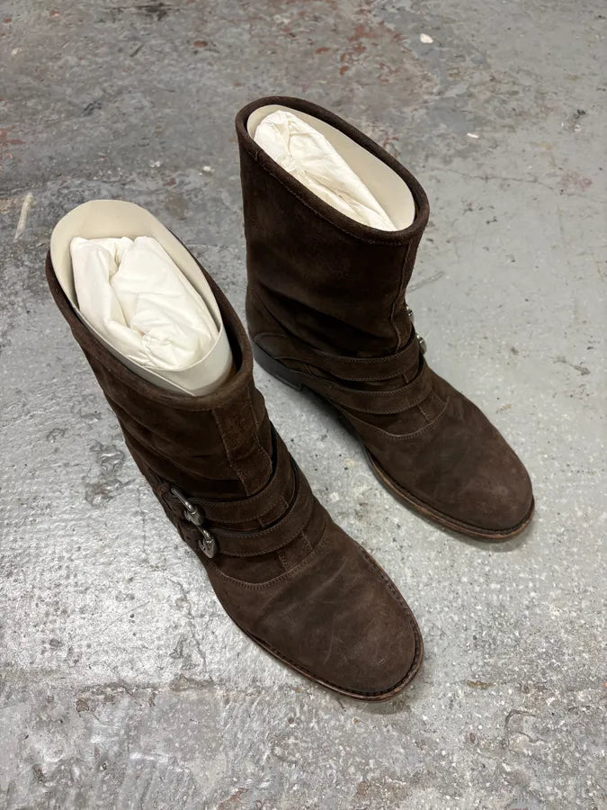 2000s Gucci Brown Biker Buckles Ankle Eroded Suede Leather Boots qoyLGrF 3