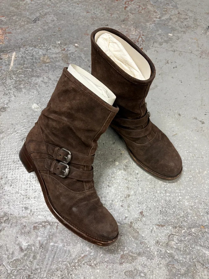 2000s Gucci Brown Biker Buckles Ankle Eroded Suede Leather Boots qoyLGrF 4