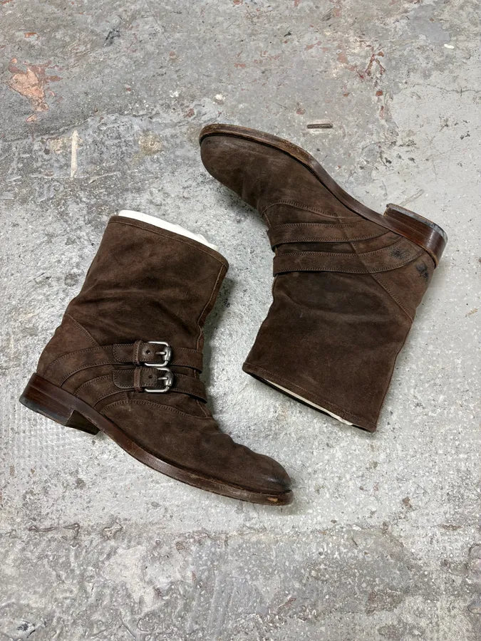 2000s Gucci Brown Biker Buckles Ankle Eroded Suede Leather Boots qoyLGrF 5