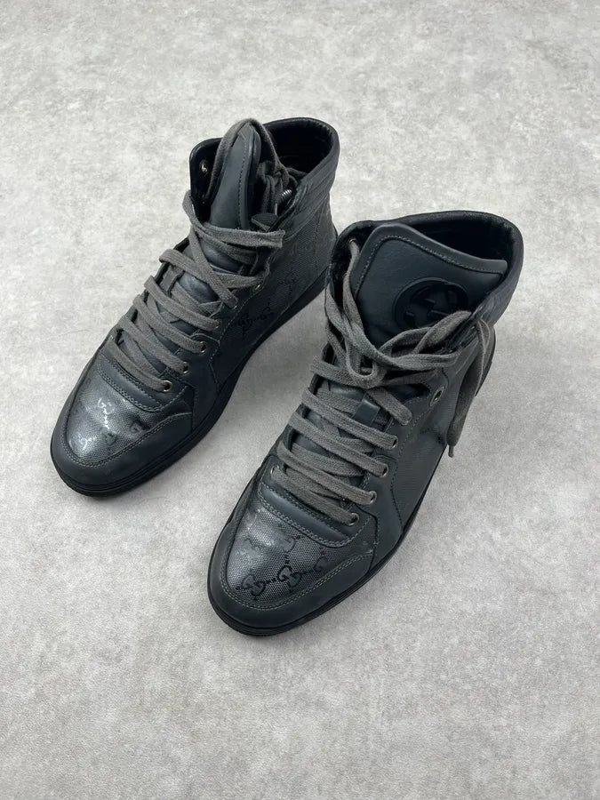 2000s Gucci Grey Leather Monogram High Sneakers AvsIdEp 1