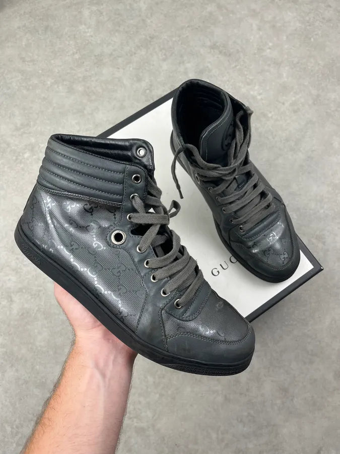 2000s Gucci Grey Leather Monogram High Sneakers AvsIdEp 0