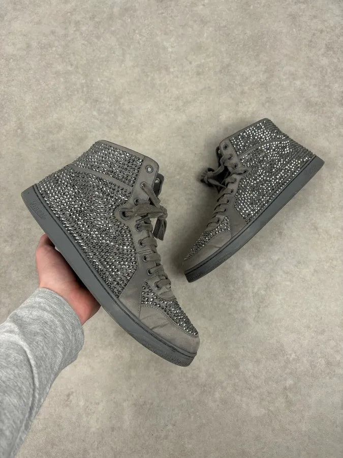 2000s Gucci Grey Leather Swarovski Crystal High-Top Sneakers LIVJyEU 0