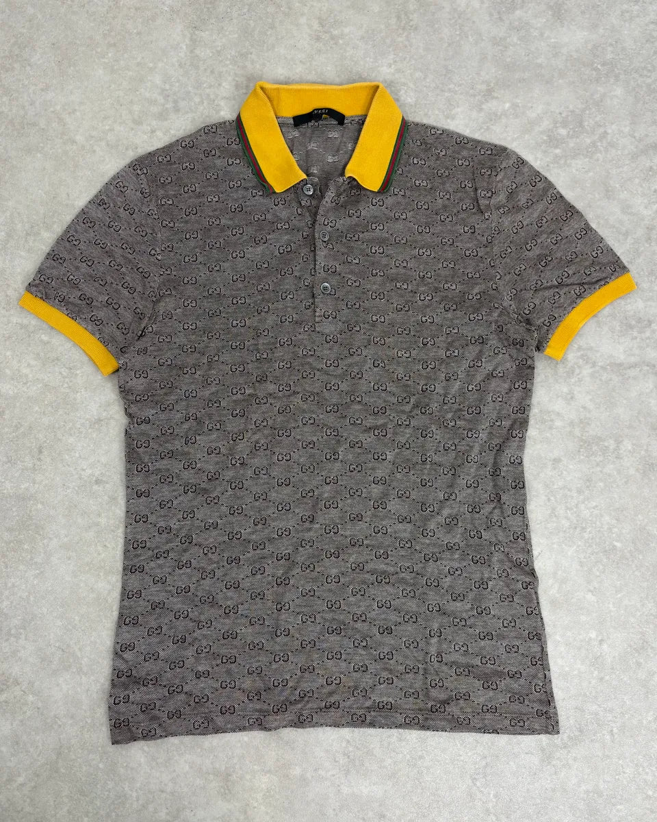 2000s Gucci Grey Monogram Contrast Yellow Collar Polo BYDLhRu 0