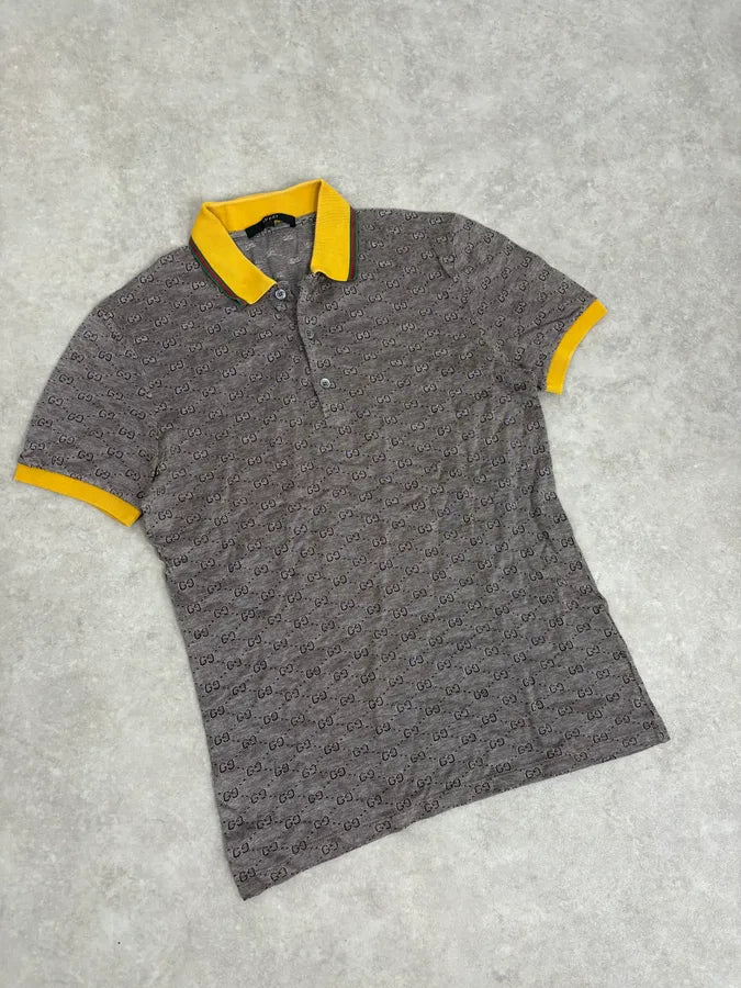 2000s Gucci Grey Monogram Contrast Yellow Collar Polo BYDLhRu 3