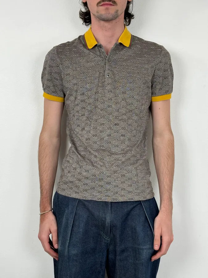 2000s Gucci Grey Monogram Contrast Yellow Collar Polo BYDLhRu 1