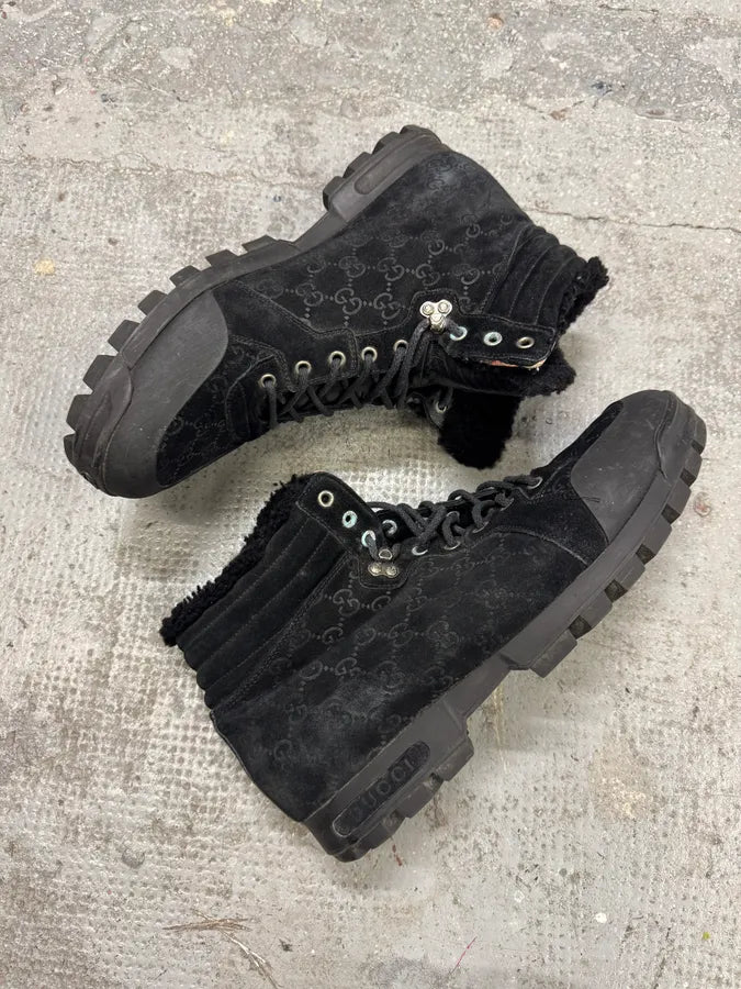 2000s Gucci High Fur Nebraska Mountain Black Monogram Shoes (47eu/us12.5) 2