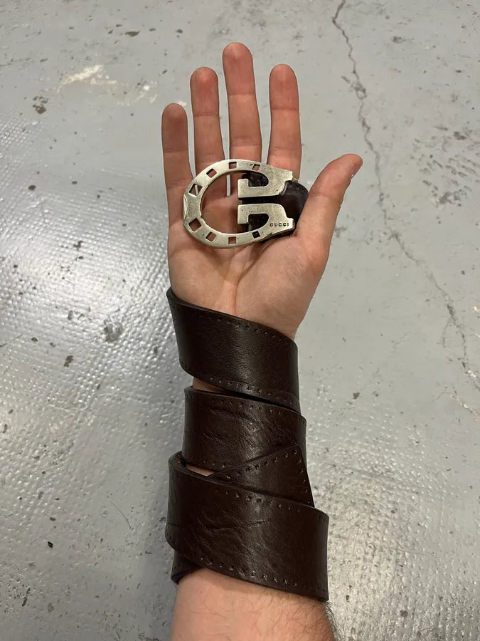 2000s Gucci Horseshoe Buckle Brown Leather Belt CVnDNGJ 0