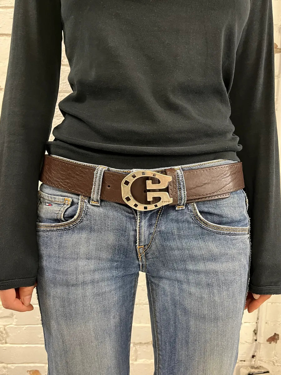 2000s Gucci Horseshoe Buckle Brown Leather Belt CVnDNGJ 1
