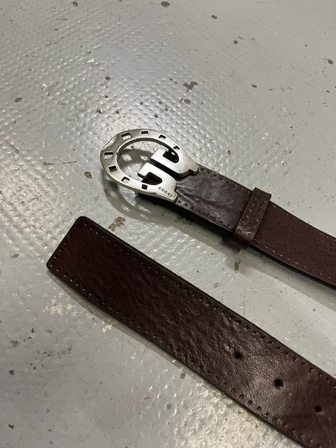 2000s Gucci Horseshoe Buckle Brown Leather Belt CVnDNGJ 2