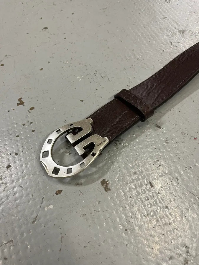 2000s Gucci Horseshoe Buckle Brown Leather Belt CVnDNGJ 4
