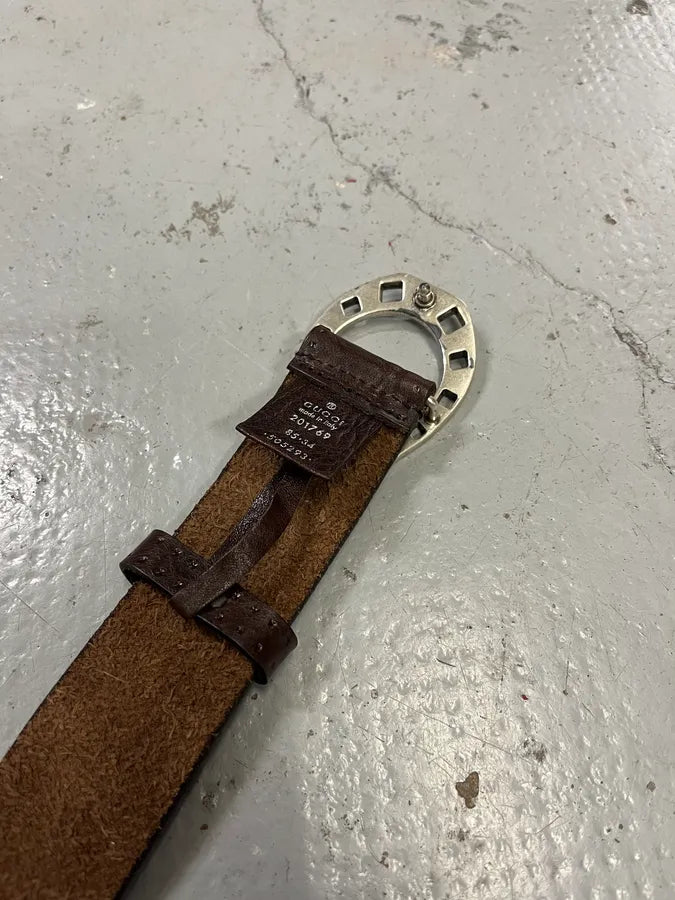 2000s Gucci Horseshoe Buckle Brown Leather Belt CVnDNGJ 6