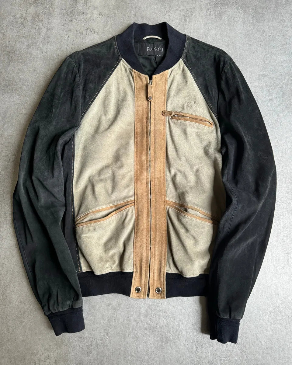 2000s Gucci Italian Bicolor Suede Leather Bomber Jacket XmnTMdx 0